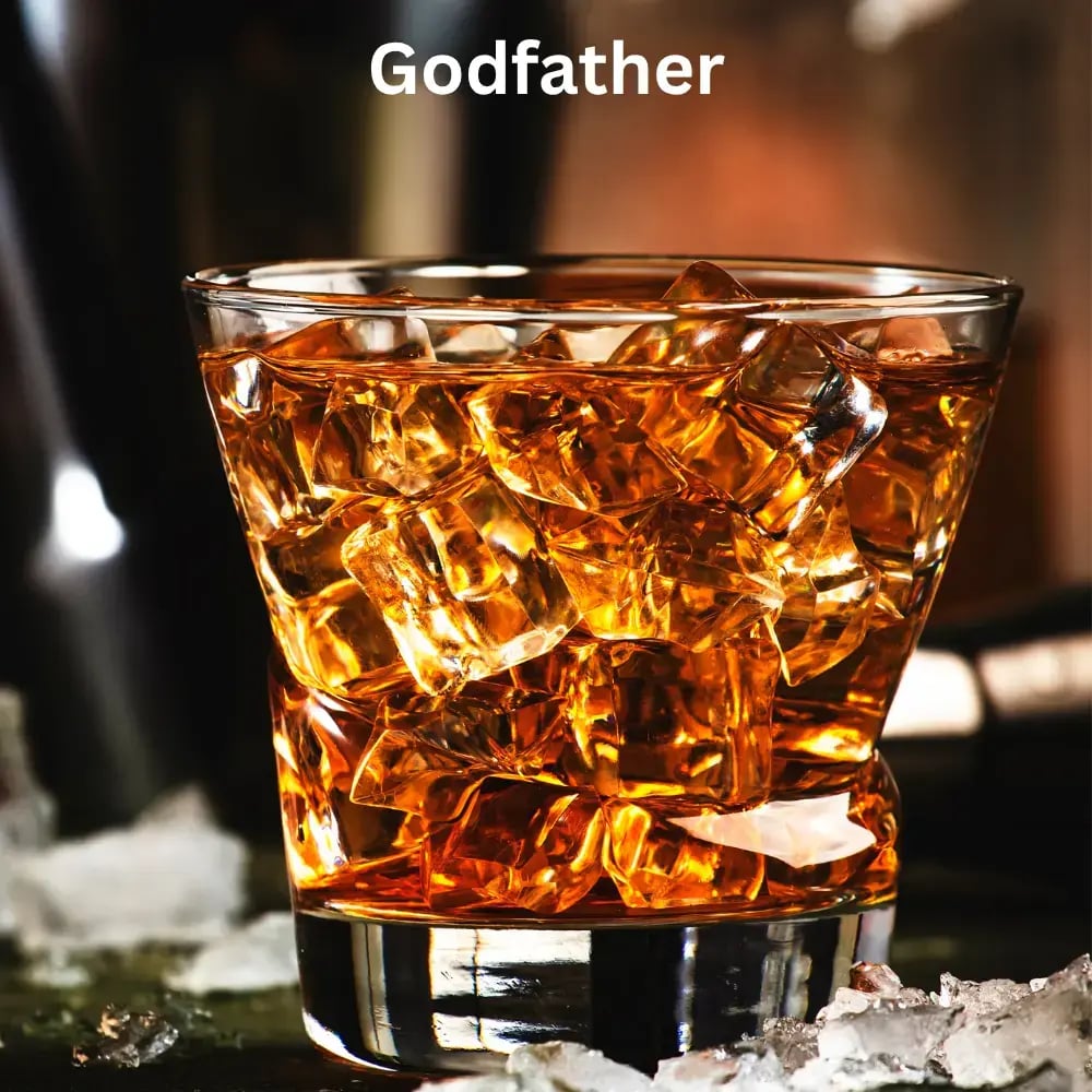 a glass of whisky cocktail named "Godfather" 